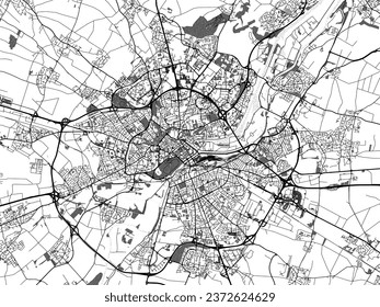 Greyscale vector city map of Caen in France with with water, fields and parks, and roads on a white background.