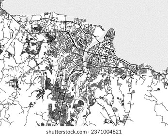 Graustufen-Vektorgrafik von Cagayan de Oro auf den Philippinen mit Wasser, Feldern und Parks und Straßen auf weißem Hintergrund.