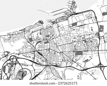 Mapa vectorial de la ciudad de Calais en Francia con agua, campos y parques, y caminos en un fondo blanco.