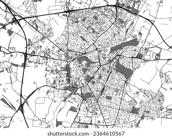 Greyscale vector city map of Cambridge in the United Kingdom with with water, fields and parks, and roads on a white background.