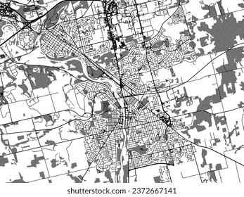 Greyscale vector city map of Cambridge Ontario in Canada with with water, fields and parks, and roads on a white background.