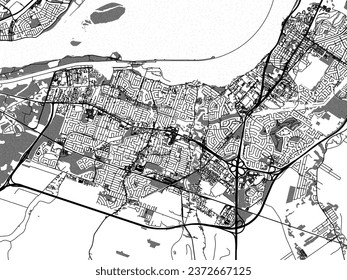 Greyscale vector city map of Candiac - Sainte-Catherine Quebec in Canada with with water, fields and parks, and roads on a white background.