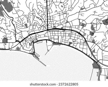 Greyscale vector city map of Cannes in France with with water, fields and parks, and roads on a white background.