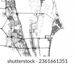 Greyscale vector city map of Cape Canaveral Florida in the United States of America with with water, fields and parks, and roads on a white background.