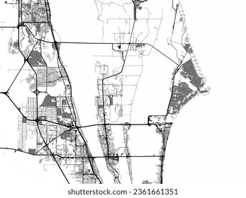 Graustufen-Vektorgrafik von Cape Canaveral Florida in den Vereinigten Staaten von Amerika mit Wasser, Feldern und Parks und Straßen auf weißem Hintergrund.