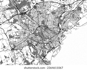 Greyscale vector city map of Cardiff in the United Kingdom with with water, fields and parks, and roads on a white background.