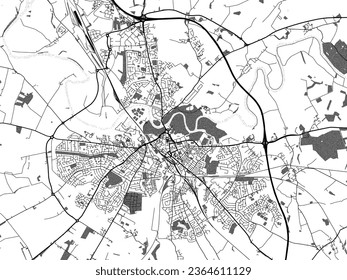 Greyscale vector city map of Carlisle in the United Kingdom with with water, fields and parks, and roads on a white background.