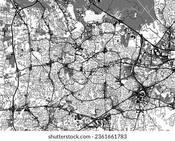 Greyscale vector city map of Cary North Carolina in the United States of America with with water, fields and parks, and roads on a white background.