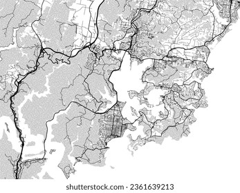 Graustufen-Vektorgrafik der Zentralküste Australiens mit Wasser, Feldern und Parks und Straßen auf weißem Hintergrund.