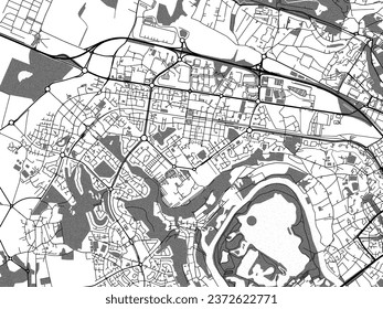 Greyscale vector city map of Cergy in France with with water, fields and parks, and roads on a white background.