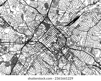 Graustufen-Vektorgrafik des Charlotte Center North Carolina in den Vereinigten Staaten von Amerika mit Wasser, Feldern und Parks und Straßen auf weißem Hintergrund.