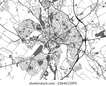 Greyscale vector city map of Chester in the United Kingdom with with water, fields and parks, and roads on a white background.