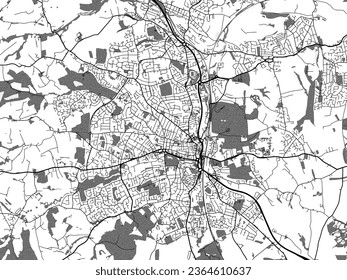 Greyscale vector city map of Chesterfield in the United Kingdom with with water, fields and parks, and roads on a white background.