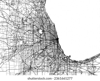 Greyscale vector city map of Chicago Metro Illinois in the United States of America with with water, fields and parks, and roads on a white background.