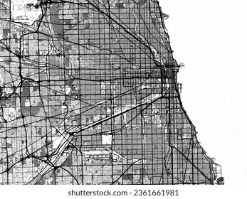 Greyscale vector city map of Chicago Illinois in the United States of America with with water, fields and parks, and roads on a white background.