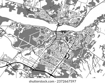 Graustufen-Vektorgrafik von Chicoutimi Quebec in Kanada mit Wasser, Feldern und Parks und Straßen auf weißem Hintergrund.