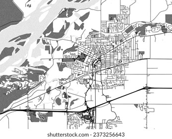 Greyscale vector city map of Chilliwack British Columbia in Canada with with water, fields and parks, and roads on a white background.