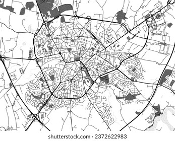 Greyscale vector city map of Cholet in France with with water, fields and parks, and roads on a white background.