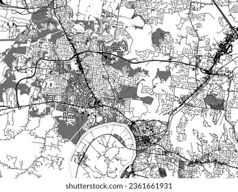 Mapa de la ciudad vectorial a escala de grises de Clarksville Tennessee en los Estados Unidos de América con agua, campos y parques, y caminos en un fondo blanco.