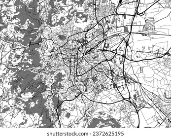 Graustufen-Vektorgrafik von Clermont-Ferrand in Frankreich mit Wasser, Feldern und Parks und Straßen auf weißem Hintergrund.