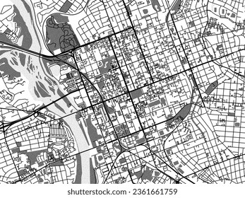 Greyscale vector city map of Columbia Center South Carolina in the United States of America with with water, fields and parks, and roads on a white background.