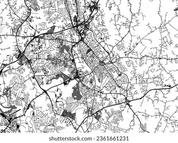 Greyscale vector city map of Concord North Carolina in the United States of America with with water, fields and parks, and roads on a white background.