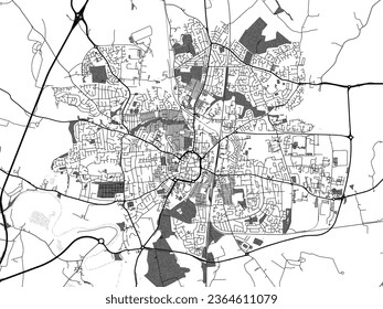 Greyscale vector city map of Darlington in the United Kingdom with with water, fields and parks, and roads on a white background.