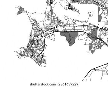 Greyscale vector city map of Darwin center in Australia with with water, fields and parks, and roads on a white background.