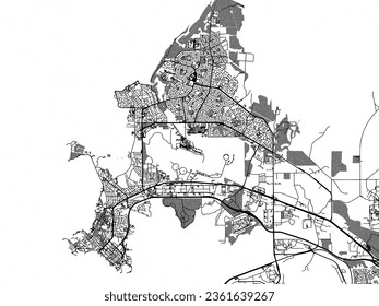 Greyscale vector city map of Darwin in Australia with with water, fields and parks, and roads on a white background.