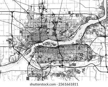 Greyscale vector city map of Davenport Iowa in the United States of America with with water, fields and parks, and roads on a white background.