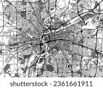 Greyscale vector city map of Dayton Ohio in the United States of America with with water, fields and parks, and roads on a white background.