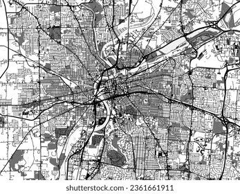 Graustufen-Vektorgrafik von Dayton Ohio in den Vereinigten Staaten von Amerika mit Wasser, Feldern und Parks und Straßen auf weißem Hintergrund.