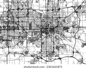 Graustufen-Vektorgrafik von Des Moines Iowa in den Vereinigten Staaten von Amerika mit Wasser, Feldern und Parks und Straßen auf weißem Hintergrund.