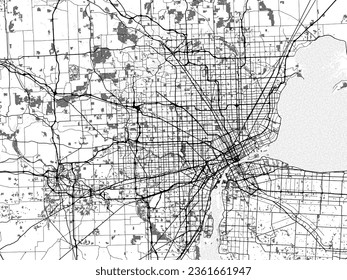 Greyscale vector city map of Detroit Metro Michigan in the United States of America with with water, fields and parks, and roads on a white background.