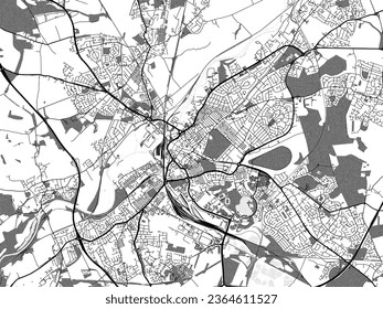 Greyscale vector city map of Doncaster in the United Kingdom with with water, fields and parks, and roads on a white background.
