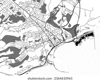 Greyscale vector city map of Dover in the United Kingdom with with water, fields and parks, and roads on a white background.