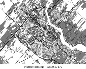 Graustufen-Vektorgrafik von Drummondville Quebec in Kanada mit Wasser, Feldern und Parks und Straßen auf weißem Hintergrund.