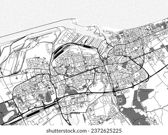 Greyscale vector city map of Dunkirk in France with with water, fields and parks, and roads on a white background.