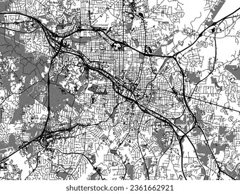 Greyscale vector city map of Durham North Carolina in the United States of America with with water, fields and parks, and roads on a white background.