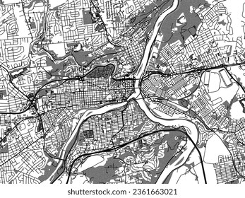 Greyscale vector city map of Easton - Philipsburg Pennsylvania in the United States of America with with water, fields and parks, and roads on a white background.