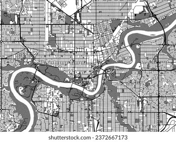 Greyscale vector city map of Edmonton center Alberta in Canada with with water, fields and parks, and roads on a white background.