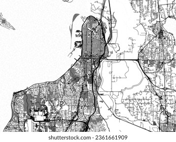 Greyscale vector city map of Everett Washington in the United States of America with with water, fields and parks, and roads on a white background.