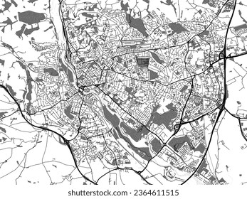 Graustufen-Vektorgrafik von Exeter im Vereinigten Königreich mit Wasser, Feldern und Parks und Straßen auf weißem Hintergrund.