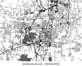 Greyscale vector city map of Fayetteville Arkansas in the United States of America with with water, fields and parks, and roads on a white background.