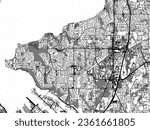 Greyscale vector city map of Federal Way Washington in the United States of America with with water, fields and parks, and roads on a white background.