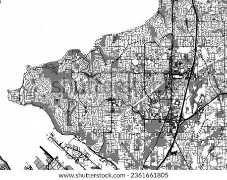 Greyscale vector city map of Federal Way Washington in the United States of America with with water, fields and parks, and roads on a white background.