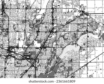 Greyscale vector city map of Fishers Indiana in the United States of America with with water, fields and parks, and roads on a white background.