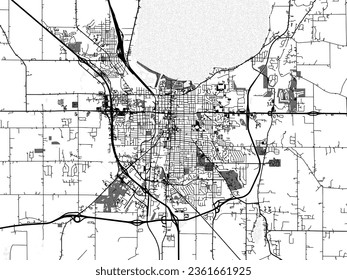 Greyscale vector city map of Fond du Lac Wisconsin in the United States of America with with water, fields and parks, and roads on a white background.