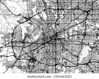 Greyscale vector city map of Fort Worth Texas in the United States of America with with water, fields and parks, and roads on a white background.