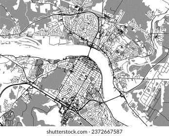 Greyscale vector city map of Fredericton New Brunswick in Canada with with water, fields and parks, and roads on a white background.